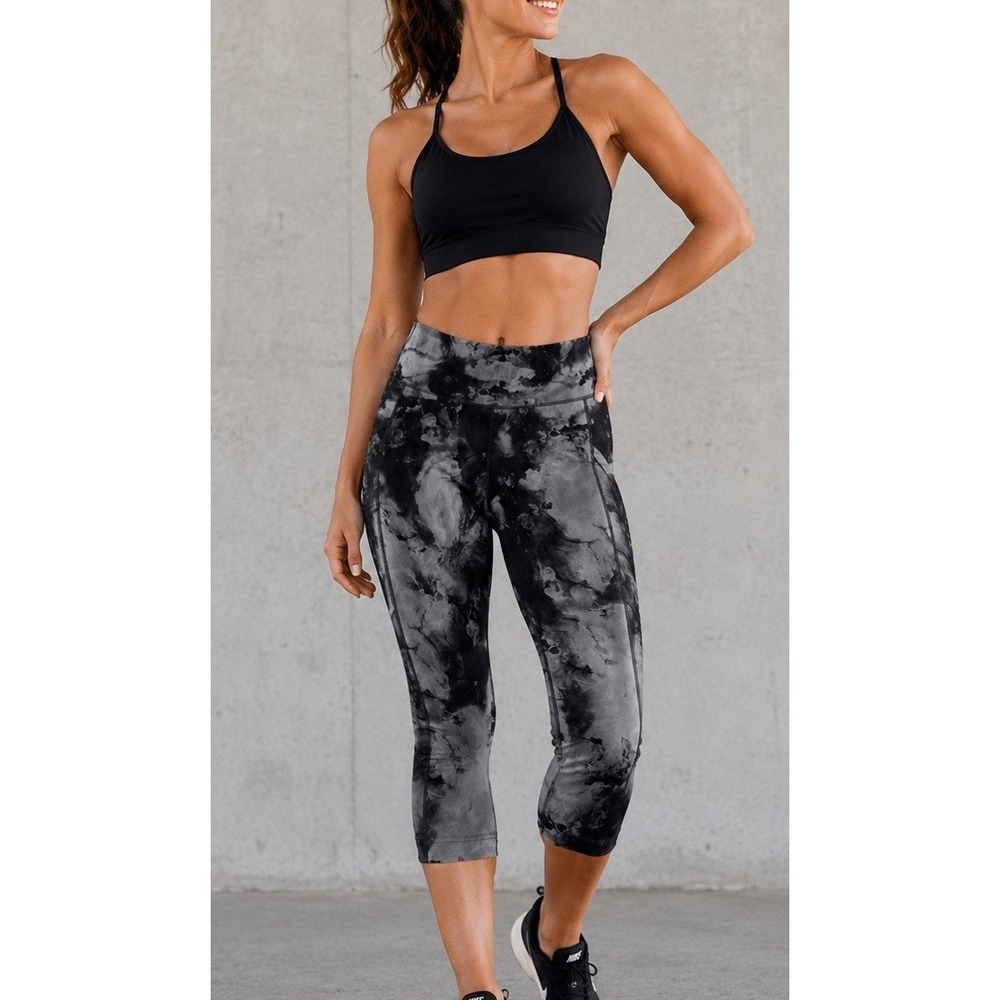 Calia High Rise Capri Leggings Sheer Mesh Calf Marbled Print Sz Med